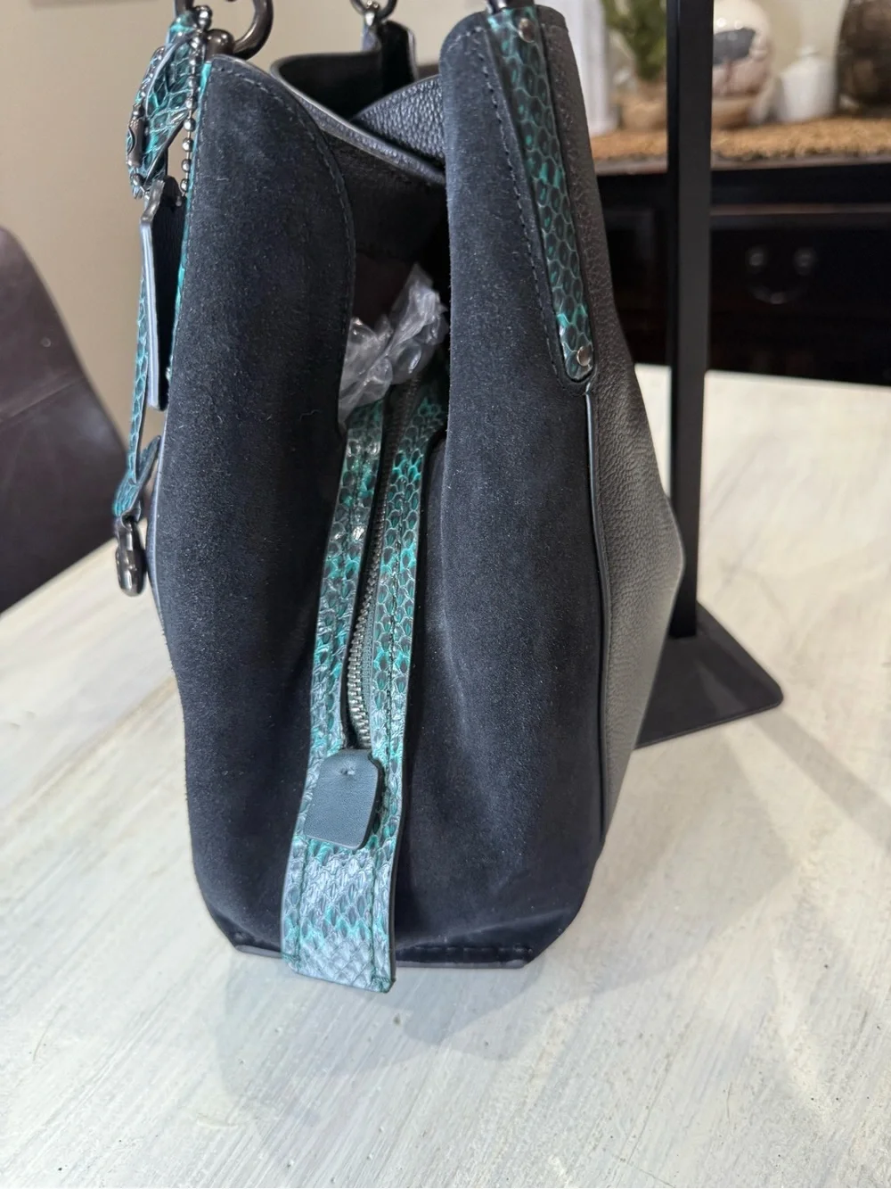 Coach Dalton 31 Black Shoulder Bag with Teal Snake-Print Strap and Suede